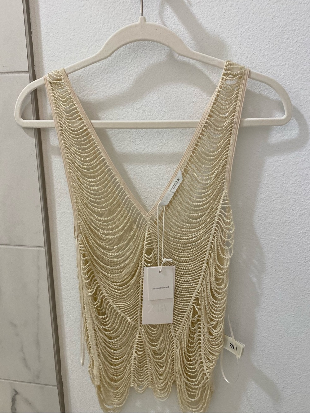 Zara NWT ZW Collection Beaded Top in Ecru size M